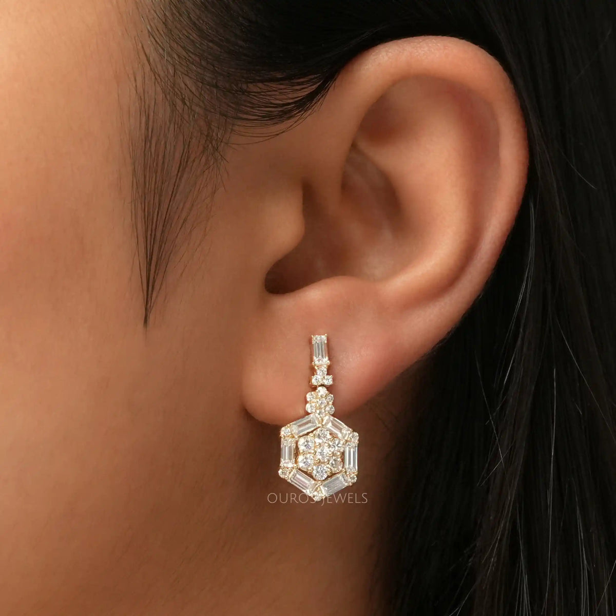 Hexagon Shape Baguette And Round Cut Screw Back Earrings