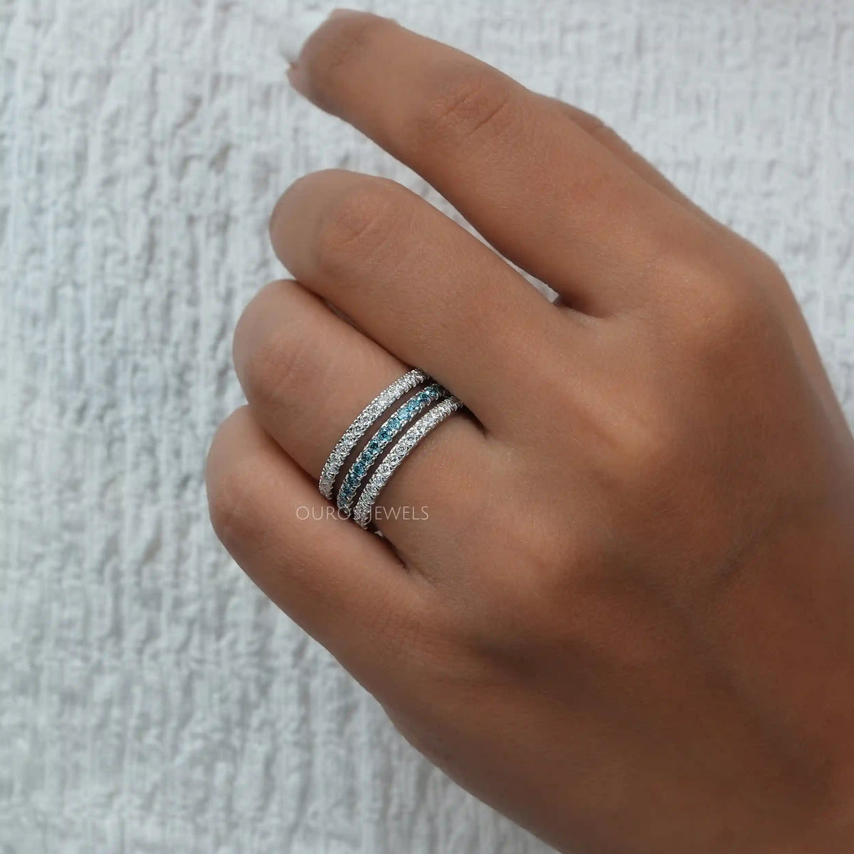 Three Row Round Cut Lab Grown Diamond Band 14K Solid Gold Blue_EF