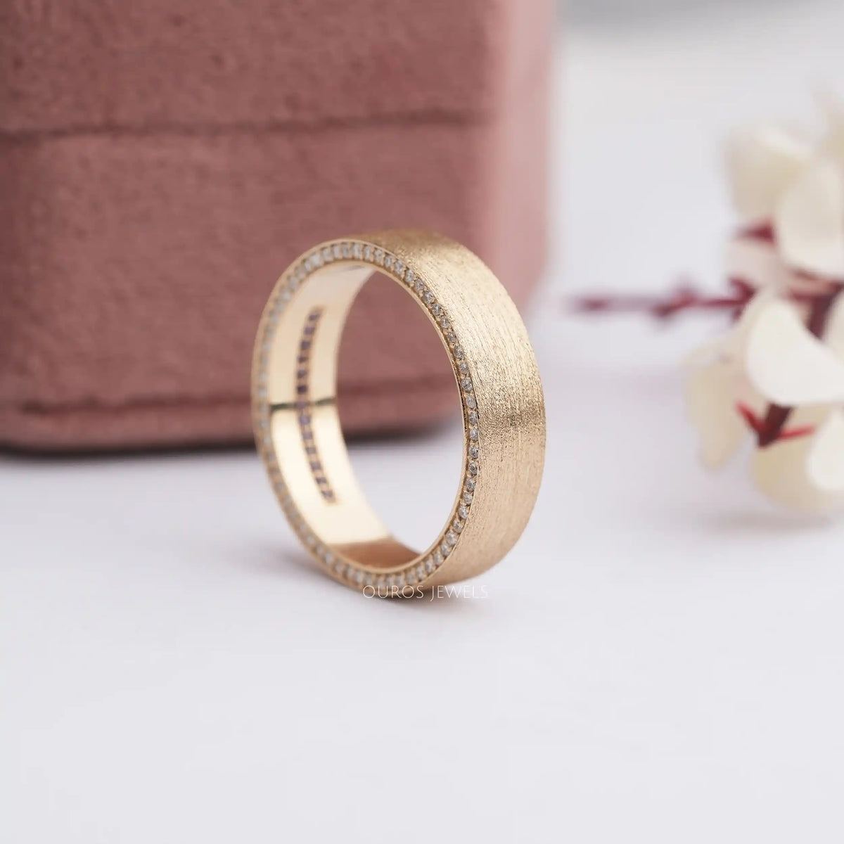 Brushed Hidden Round Diamond Wedding Band For Men