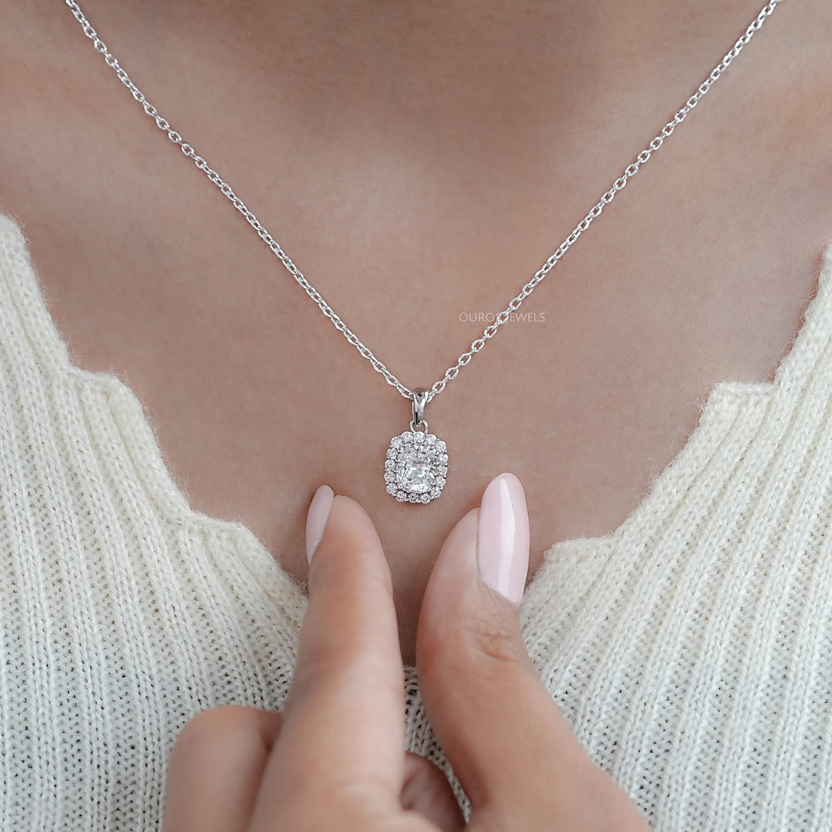Cushion Cut Lab Diamond Halo Pendant Necklaces