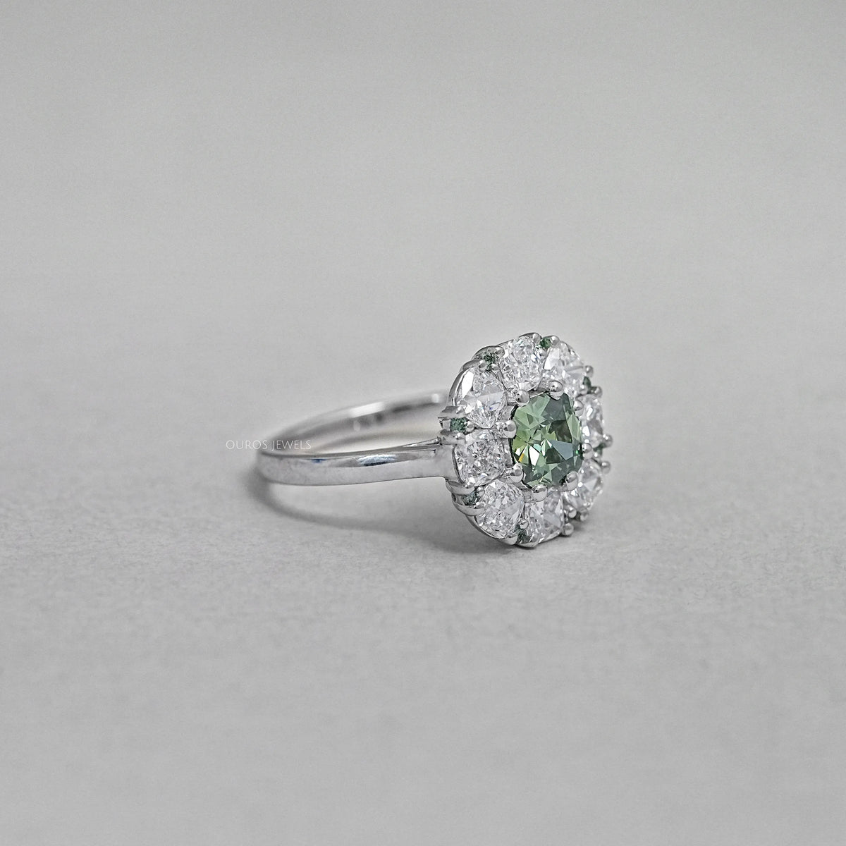 Green Cushion Cut Lab Diamond Halo Engagement Ring Ring