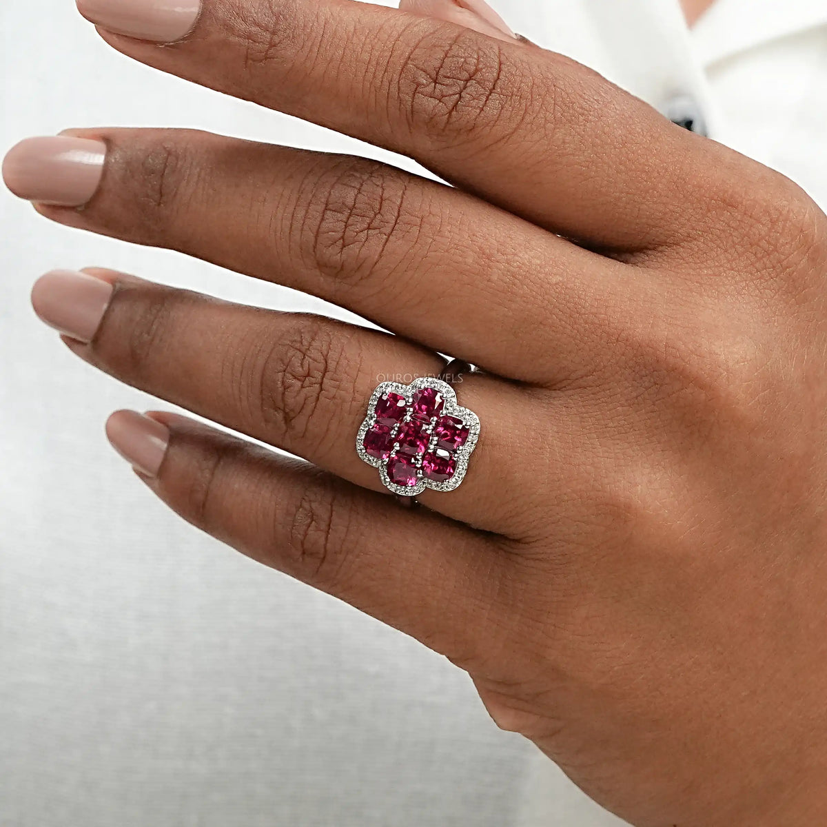 Red Ruby Cushion Shape Floral Halo Engagement Ring Ring