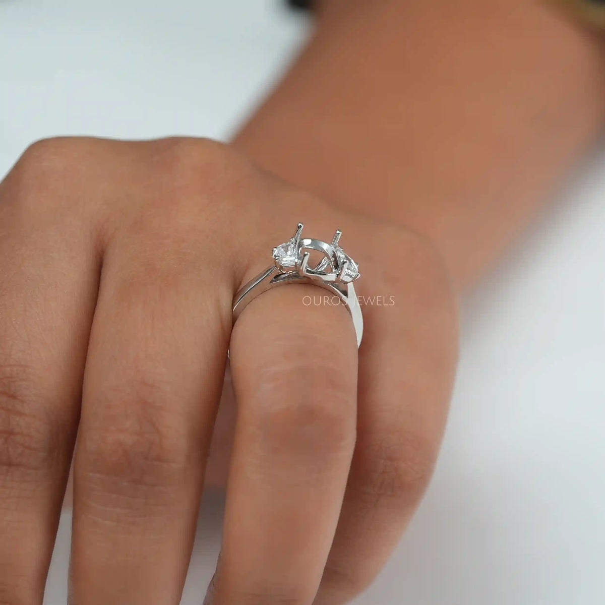 Oval Shape Pointed Half Moon Cut Lab Diamond Semi Mount Ring