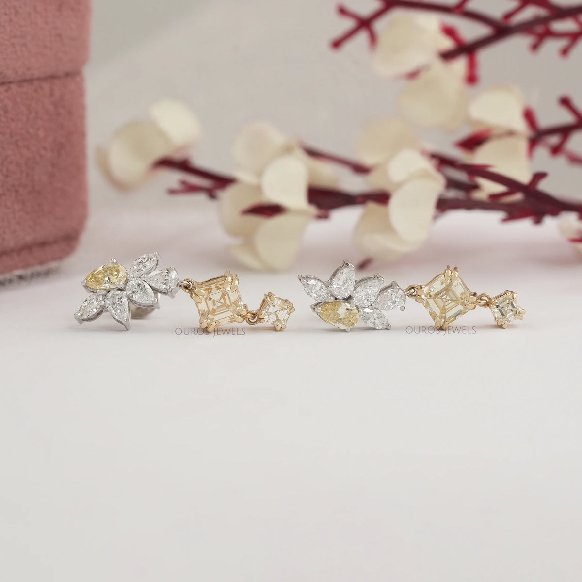 Yellow Asscher And Pear Lab Diamond Drop Earrings Earrings