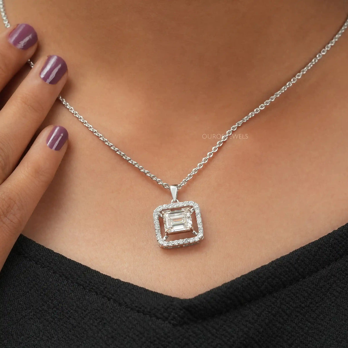 Emerald Cut Lab Grown Diamond Halo Pendant Necklaces