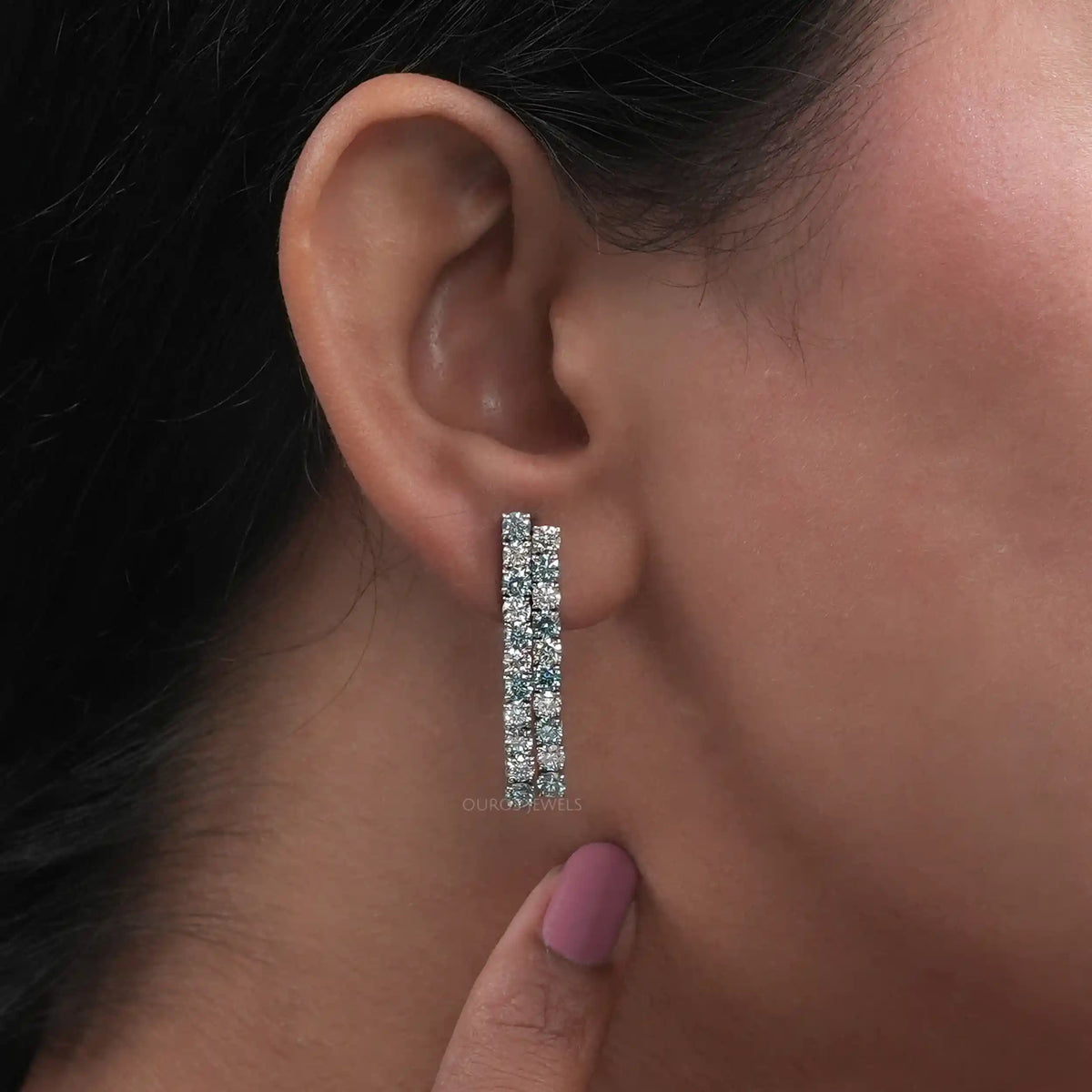 Blue Round Cut Lab Diamond Double Row Earrings Earring