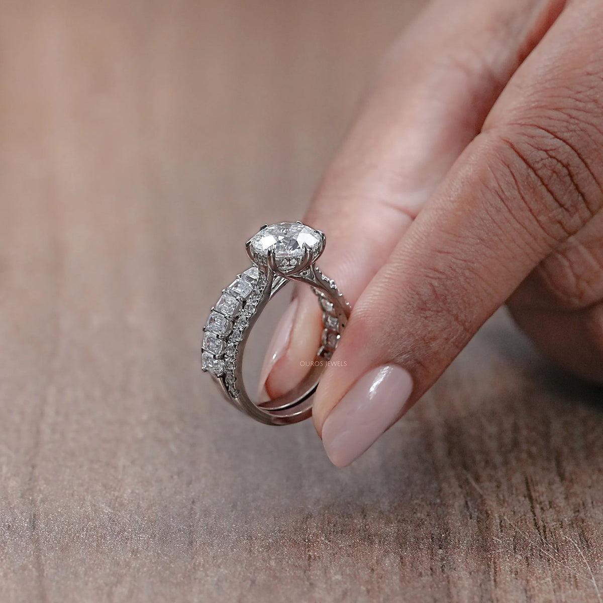 Round Lab Diamond Solitaire Accent Bridal Ring Set Rings