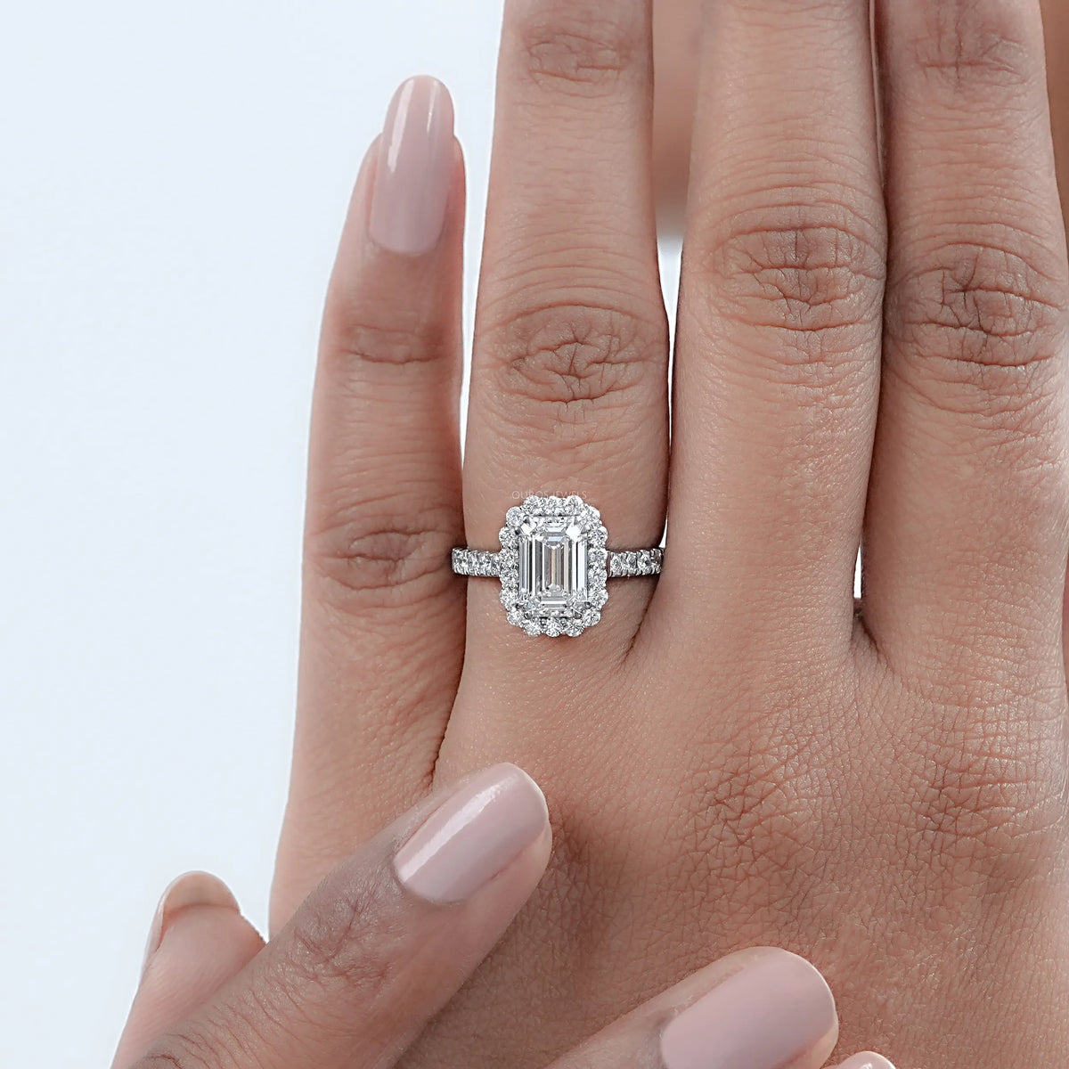 Emerald Cut Halo Accent Diamond Engagement Ring Ring