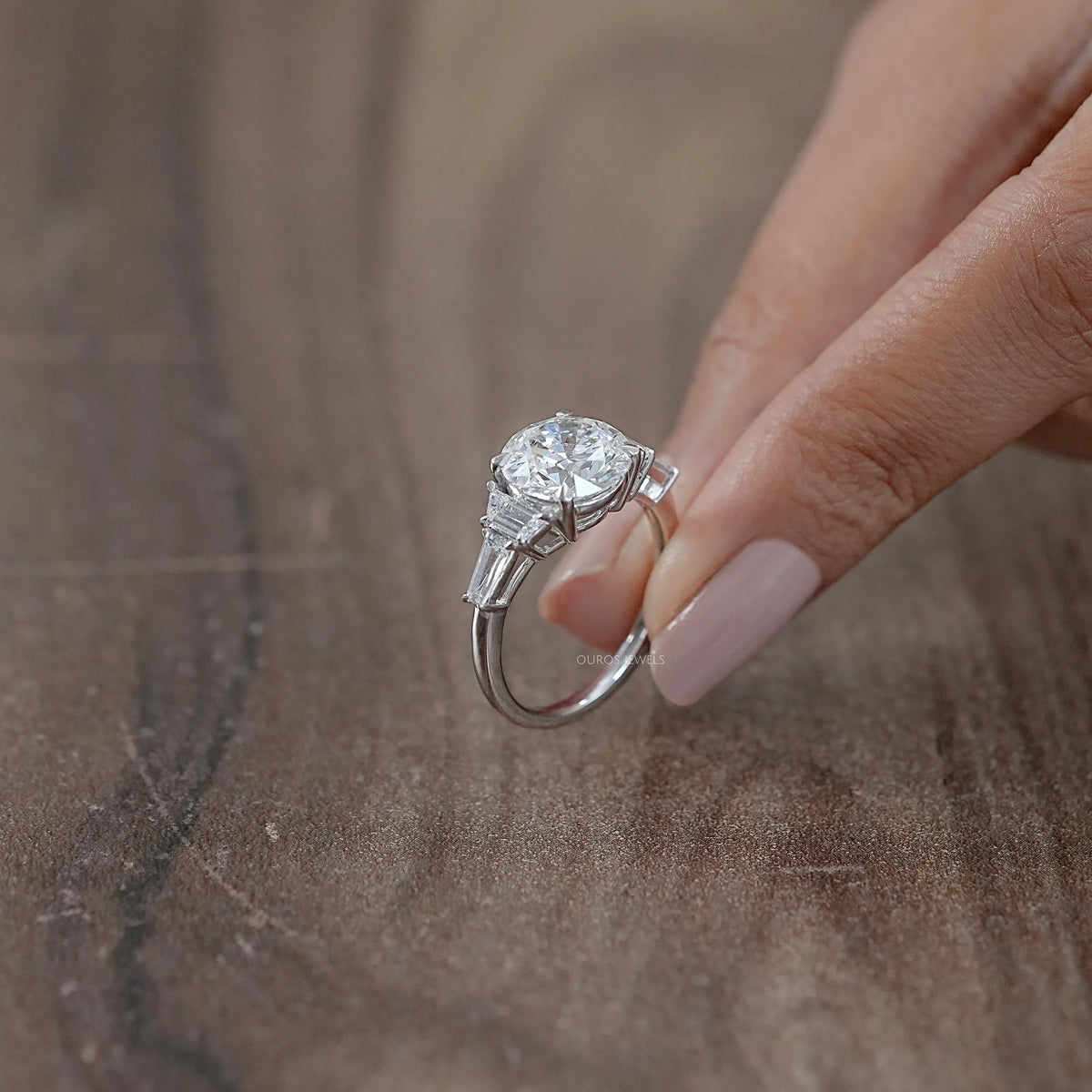 Round And Trapezoid Lab Diamond Five Stone Engagement Ring Rings
