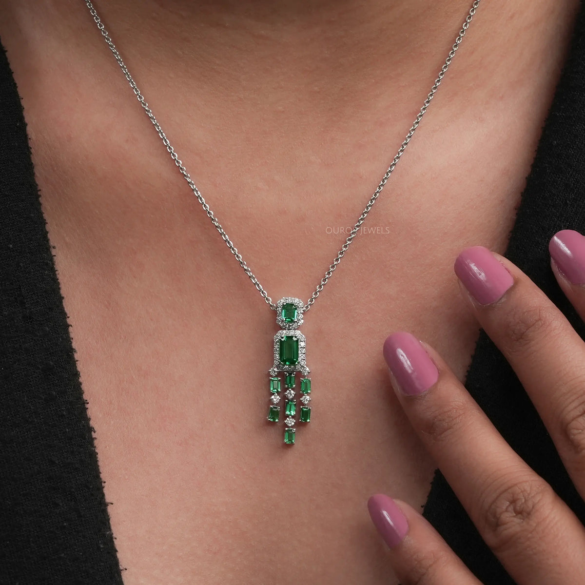 Green Emerald Halo Diamond Chandelier Necklace Set Necklaces