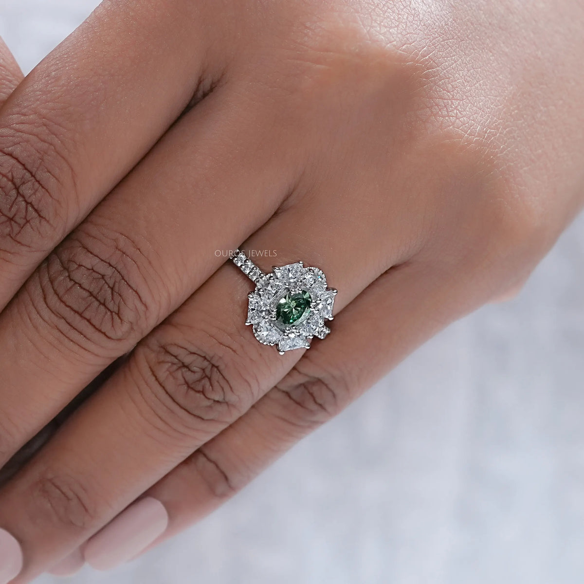 Oval Cut Green Half Moon Halo Engagement Ring Ring
