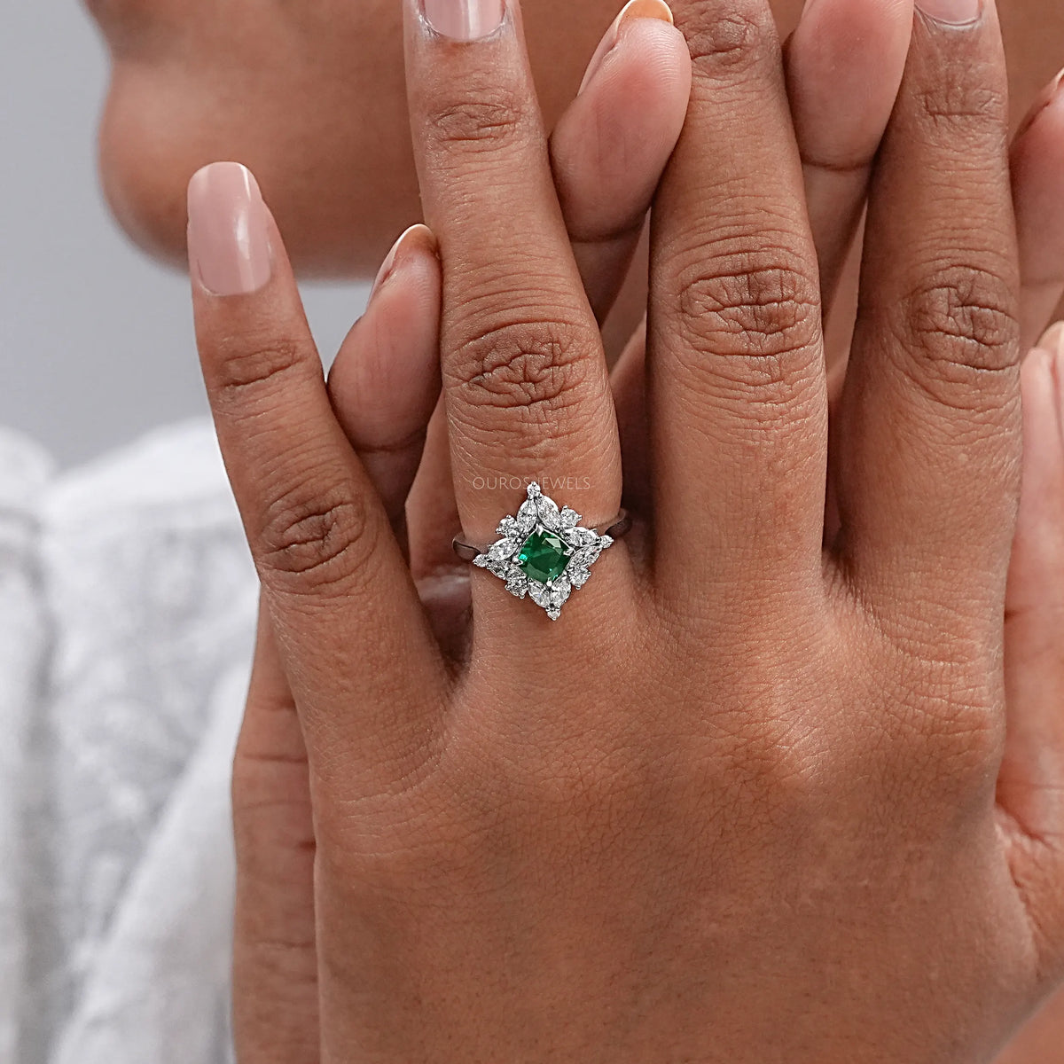 Lab Green Cushion Shape Halo Gemstone Ring Ring