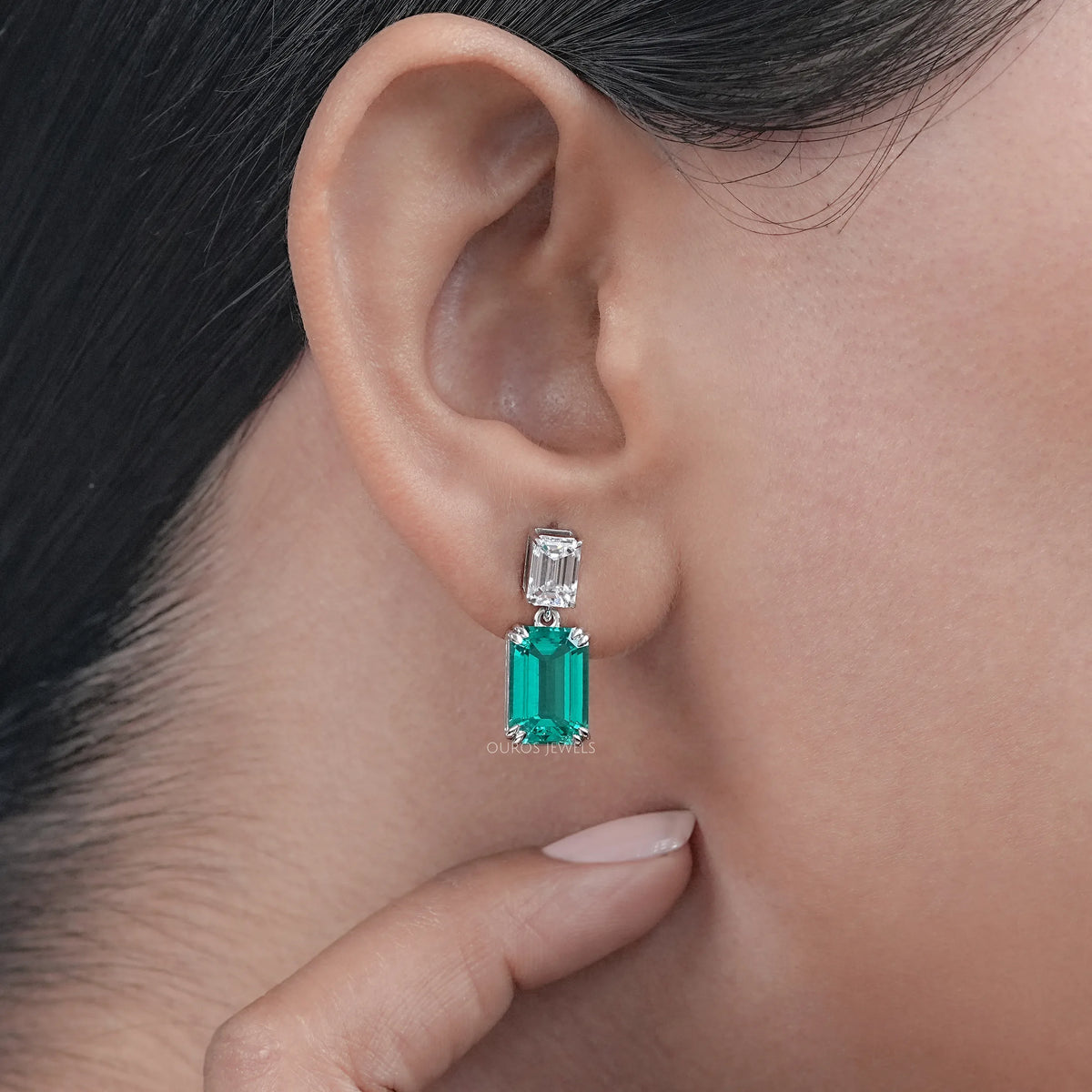 Two Stone Green Emerald Gemstone Drop Earrings Earrings