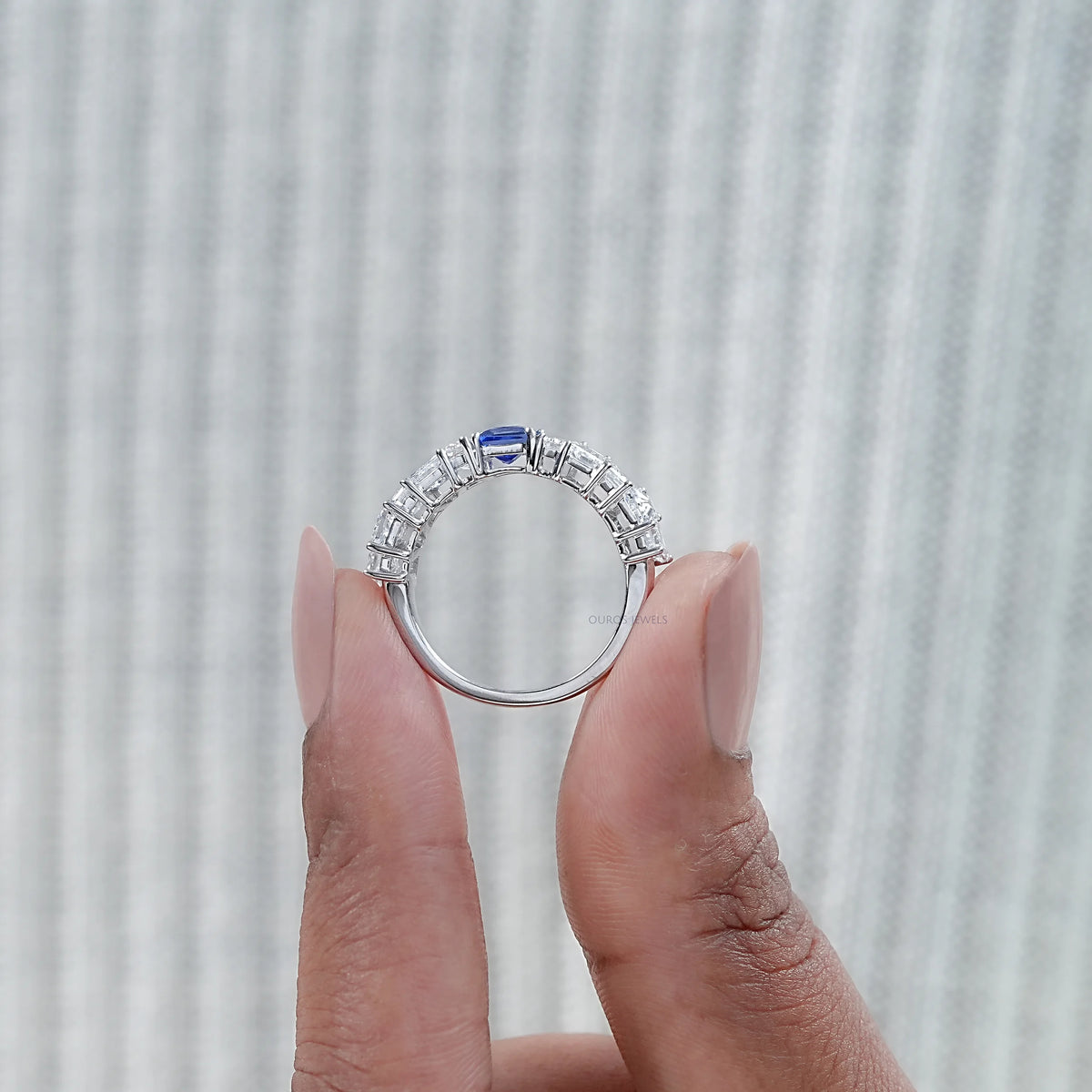 Sapphire Princess And Tapered Baguette Cut Half Eternity Band Rings