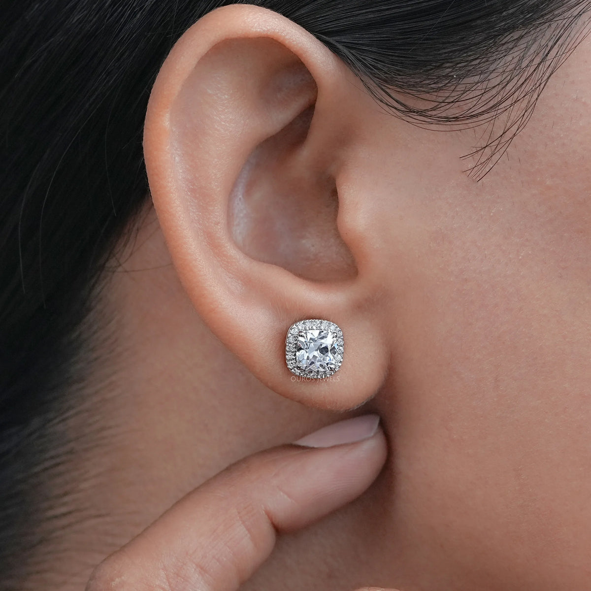 Square Old Mine Cushion Diamond Halo Stud Earrings Earring