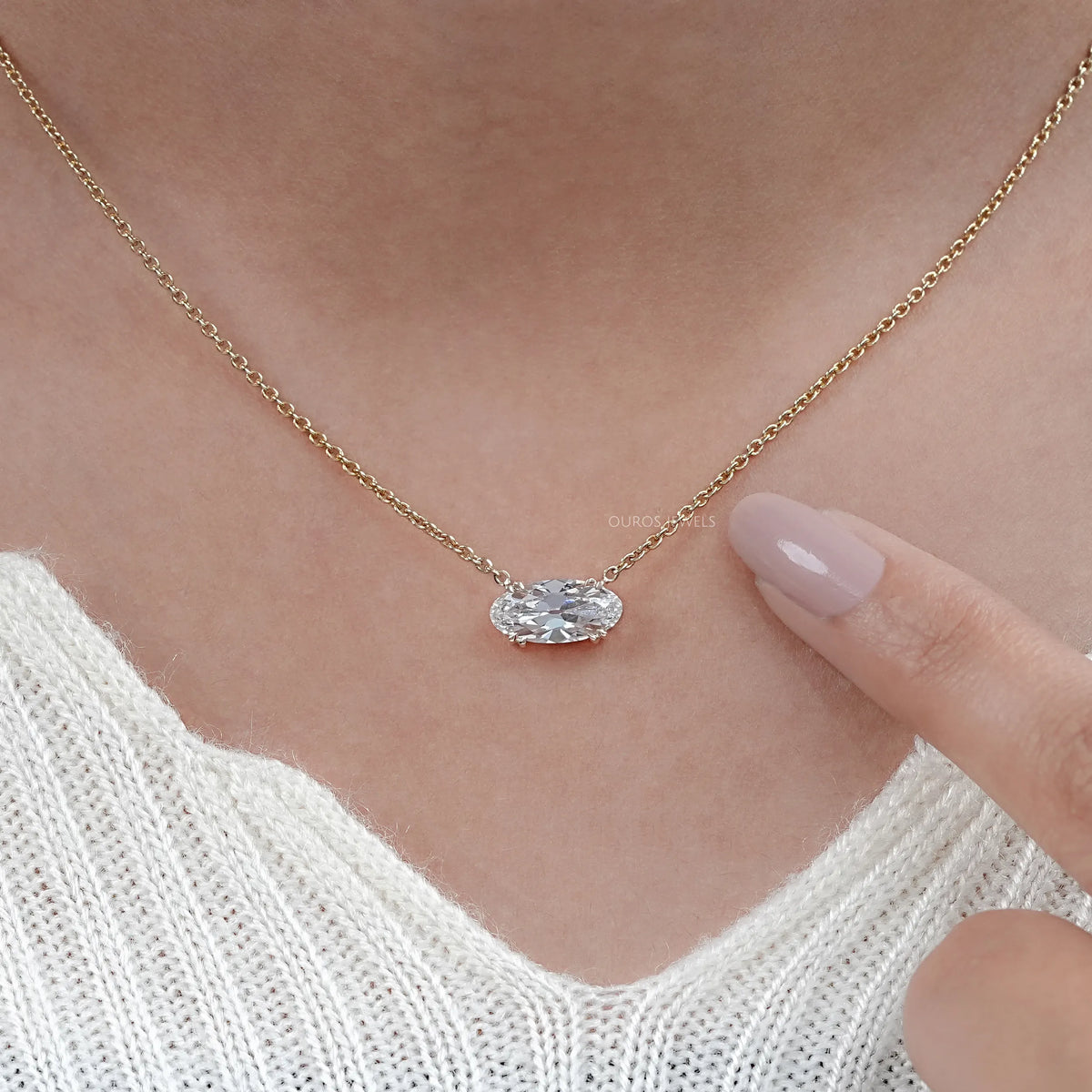 East West Old Mine Moval Lab Diamond Solitaire Pendant 18K Solid Gold - Prong Set 18.00 Inch Necklaces
