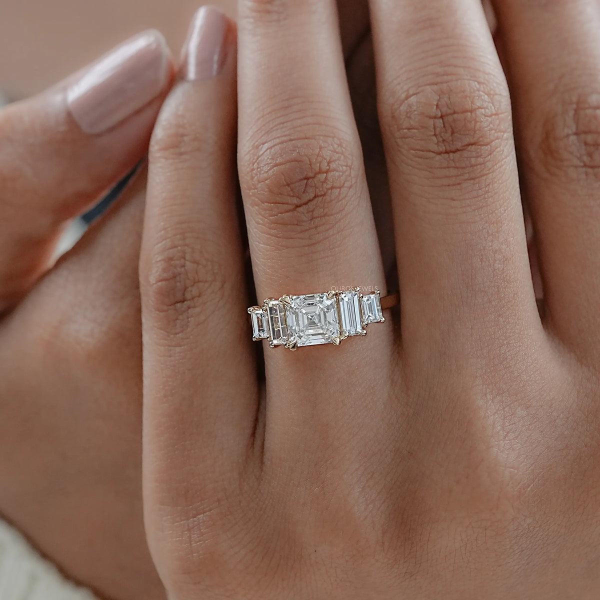 Asscher And Baguette Diamond Five Stone Engagement Ring Rings