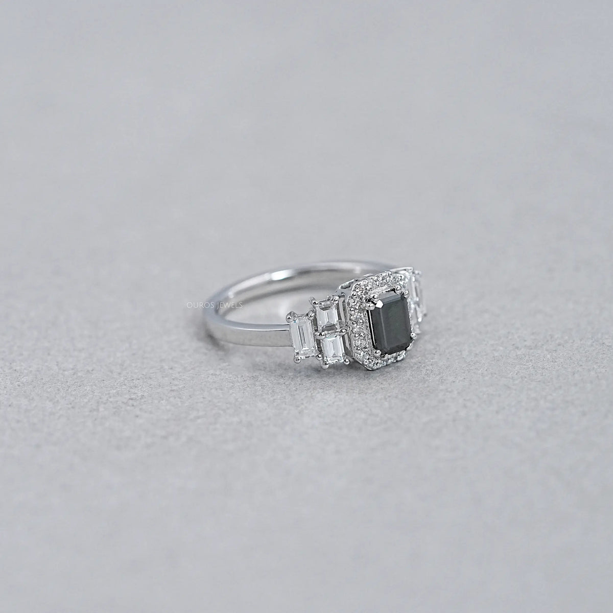 Black Emerald Cut Accent Diamond Engagement Ring Rings