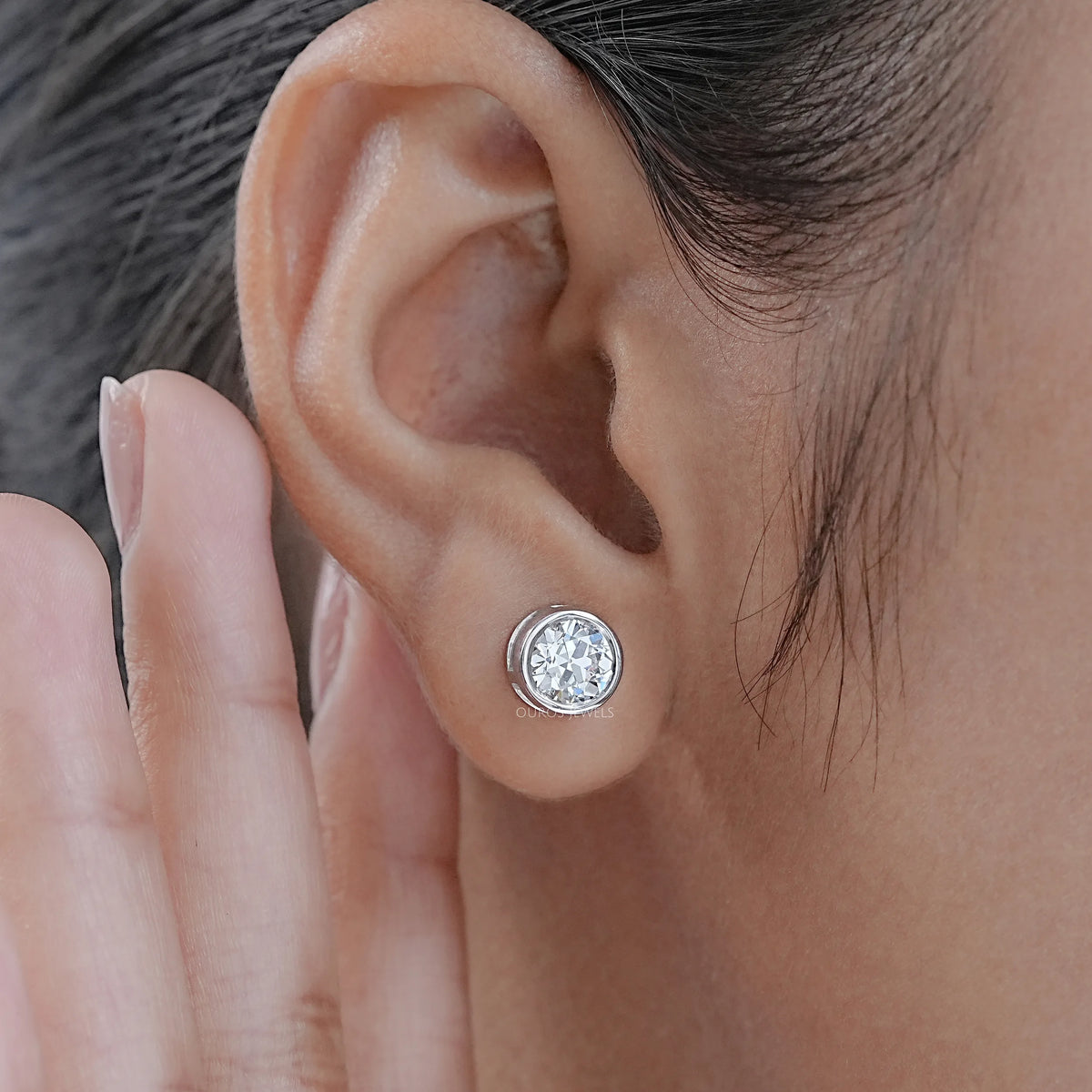 Old European Round Diamond Bezel Set Stud Earrings Earrings