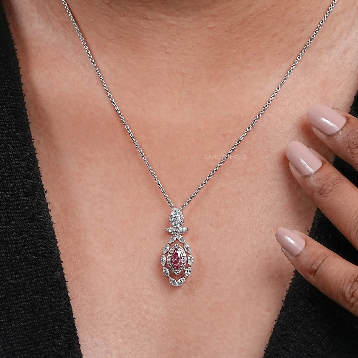 Pink Marquise Lab Diamond Double Halo Pendant Necklaces