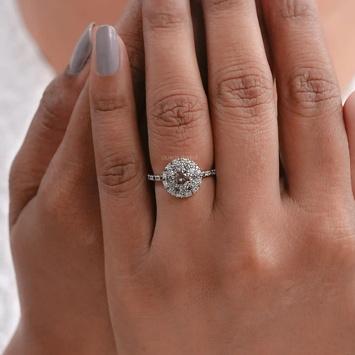 Fancy Round Brown Diamond Double Halo Accent Set Ring Ring