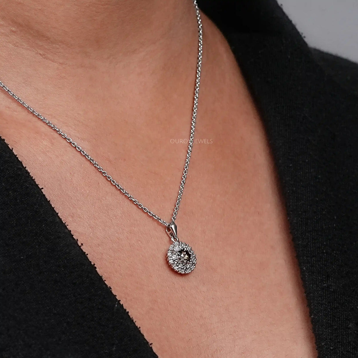 Brown Round Diamond Double Halo Pendant Necklaces
