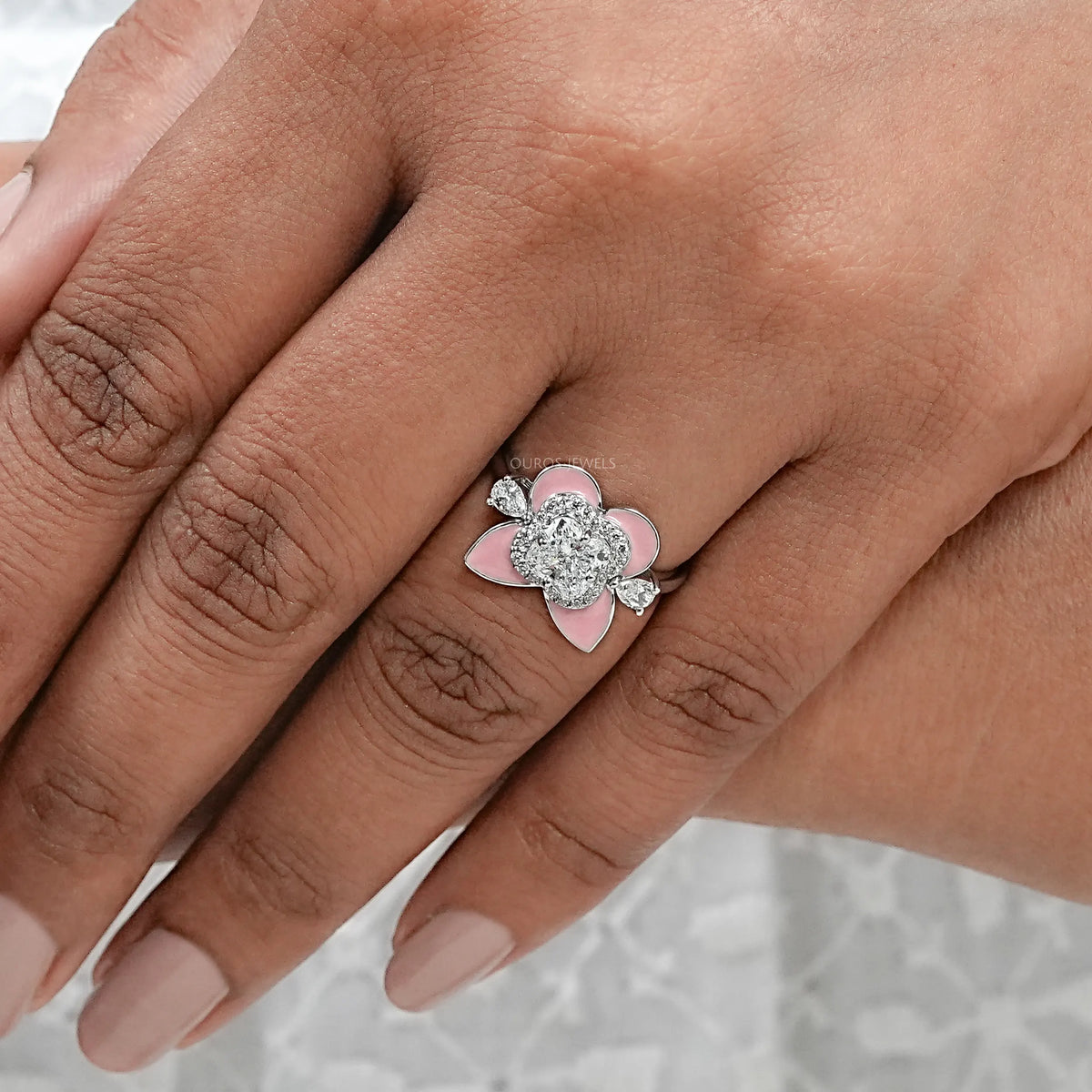 Antique Floral Cut Pink Enamel Engagement Ring Rings