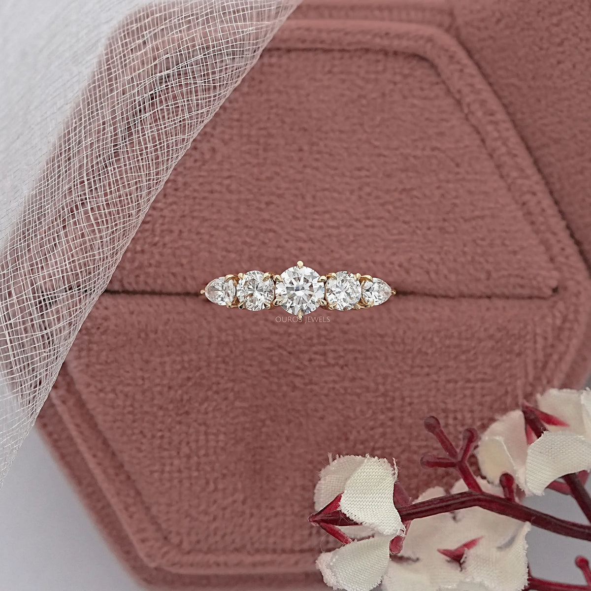 Round And Pear Diamond Five Stone Engagement Ring Rings