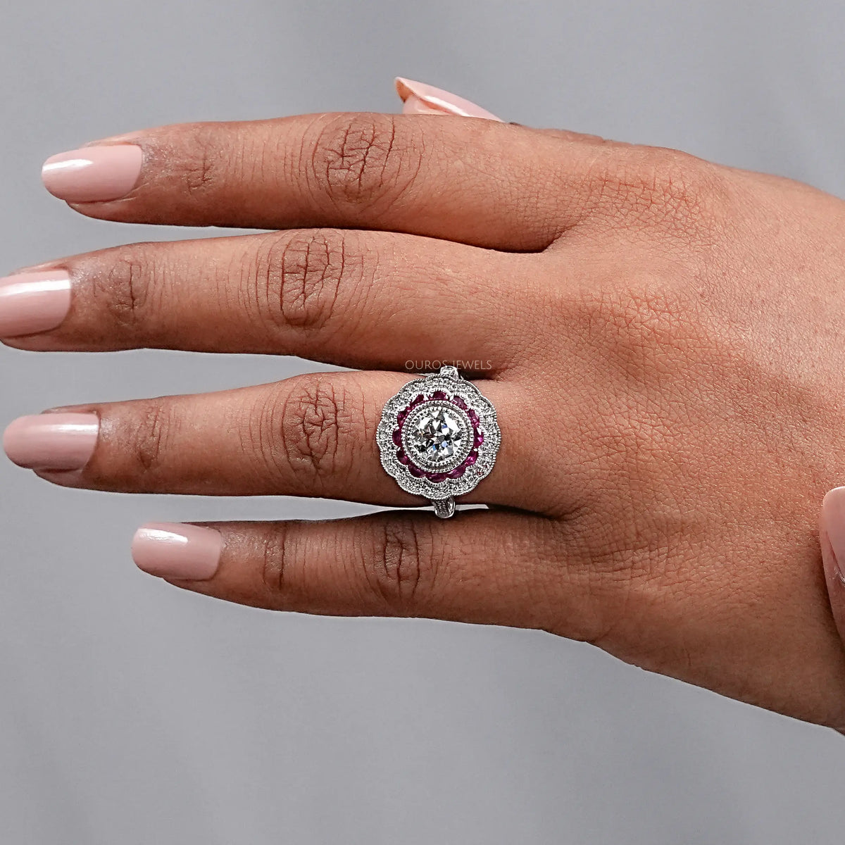 Old European Round Cut & Pink Halo Half Moon Gemstone Ring Rings