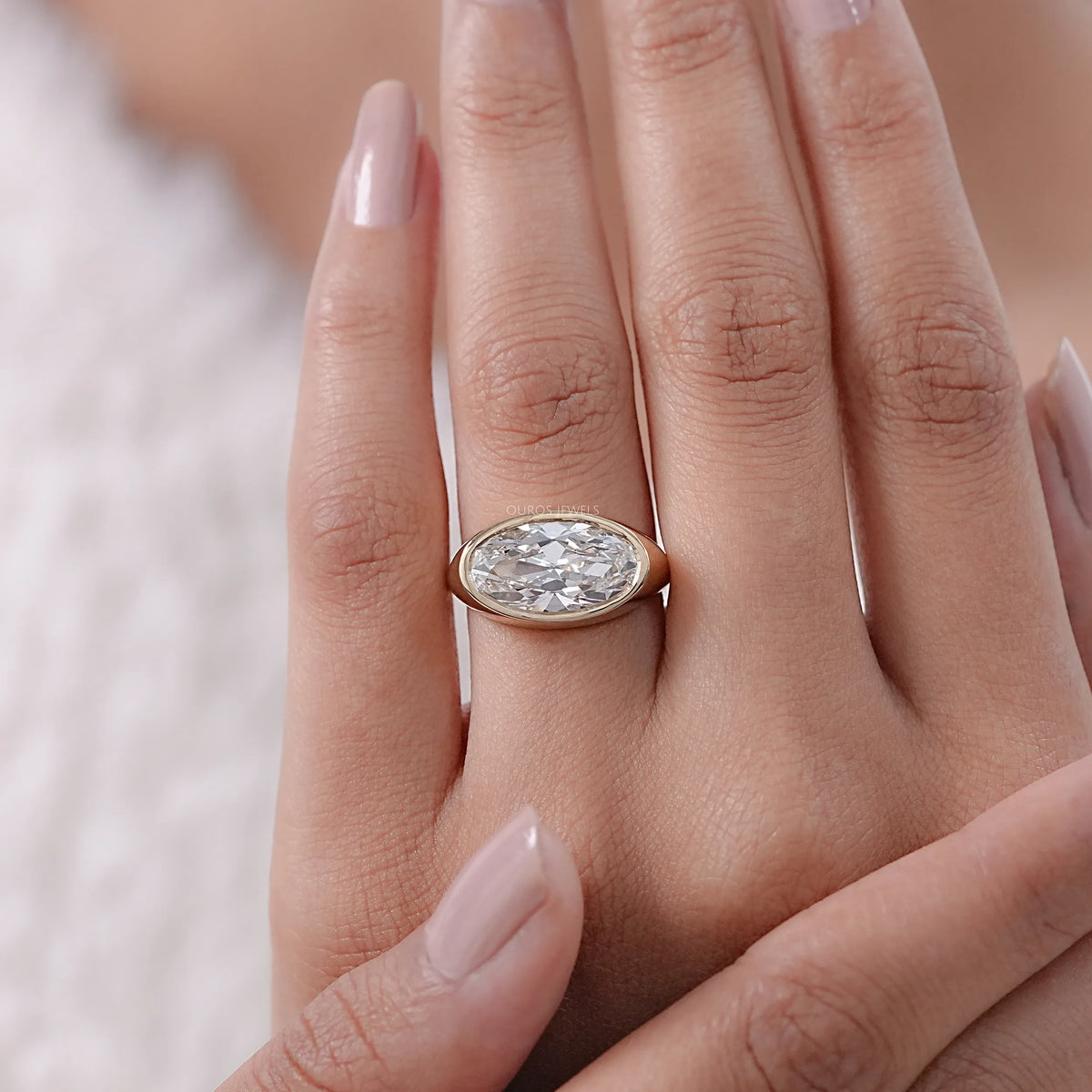 East West Old Mine Moval Cut Bezel Set Solitaire Ring Rings