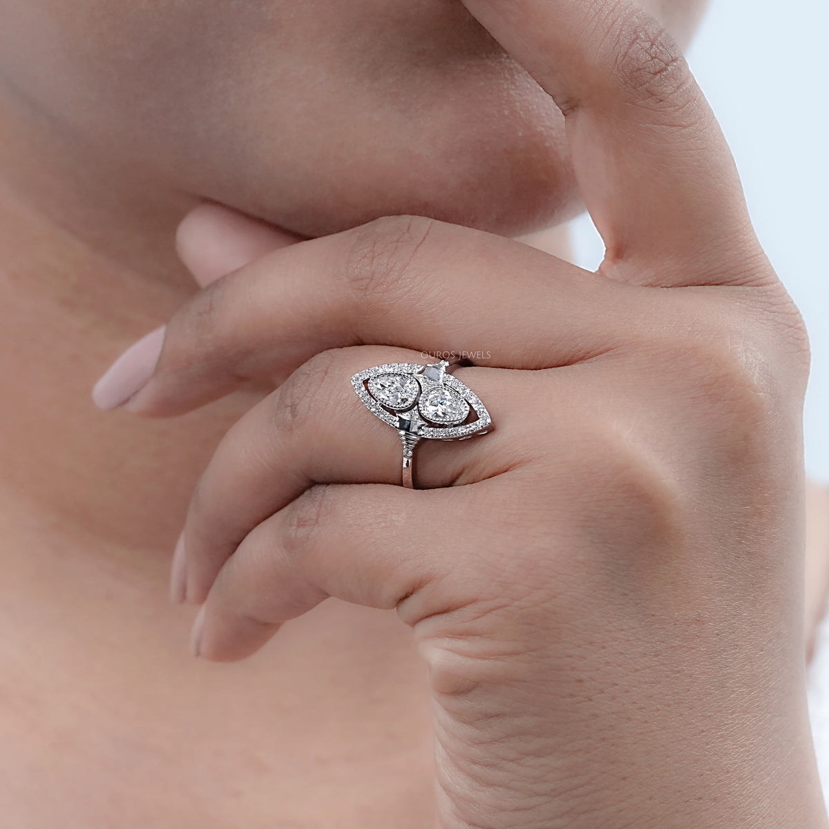 Old Mine Pear Lab Diamond Halo Navette Engagement Ring Ring