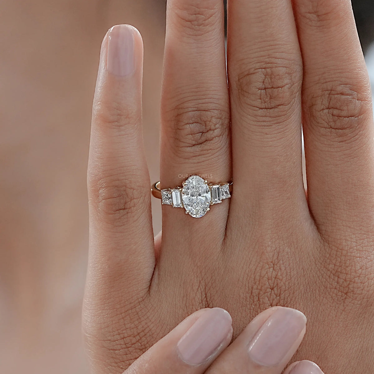 Oval And Baguette Diamond Five Stone Engagement Ring Rings