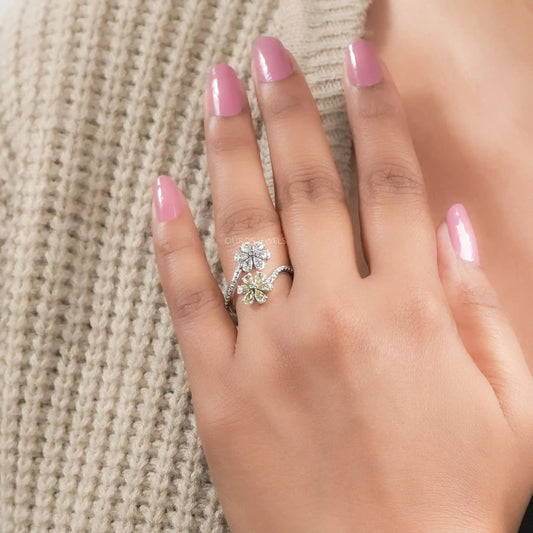 Flower Shape Yellow Pear Cut Lab Diamond Twin Bypass Ring