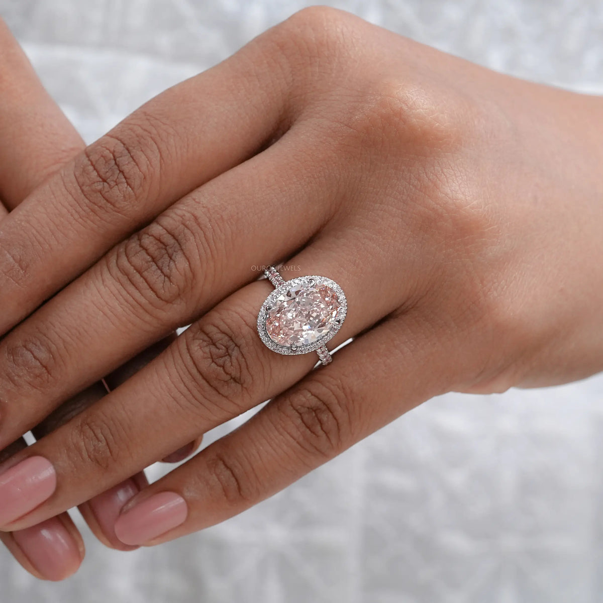 Fancy Pink Oval Cut Lab Diamond Halo Engagement Ring Ring