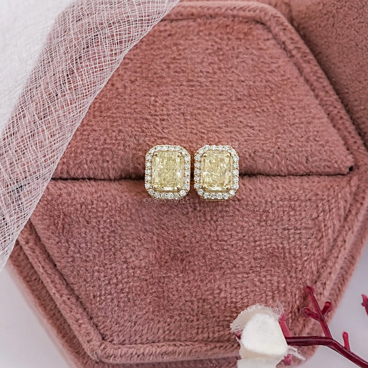 Radiant Yellow Lab Diamond Halo Stud Earrrings Earrings