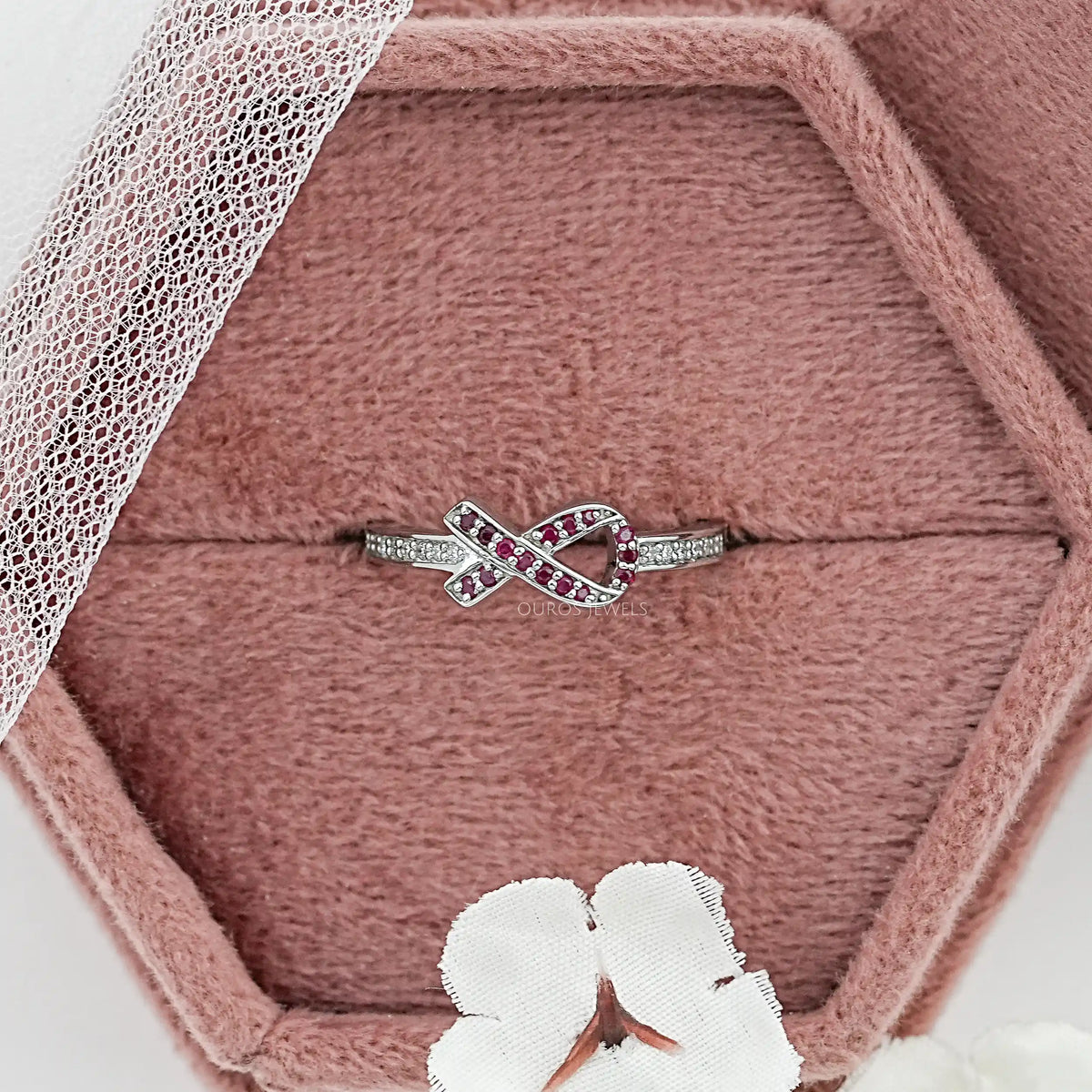 Red Round Gemstone Cancer Ribbon Ring Ring