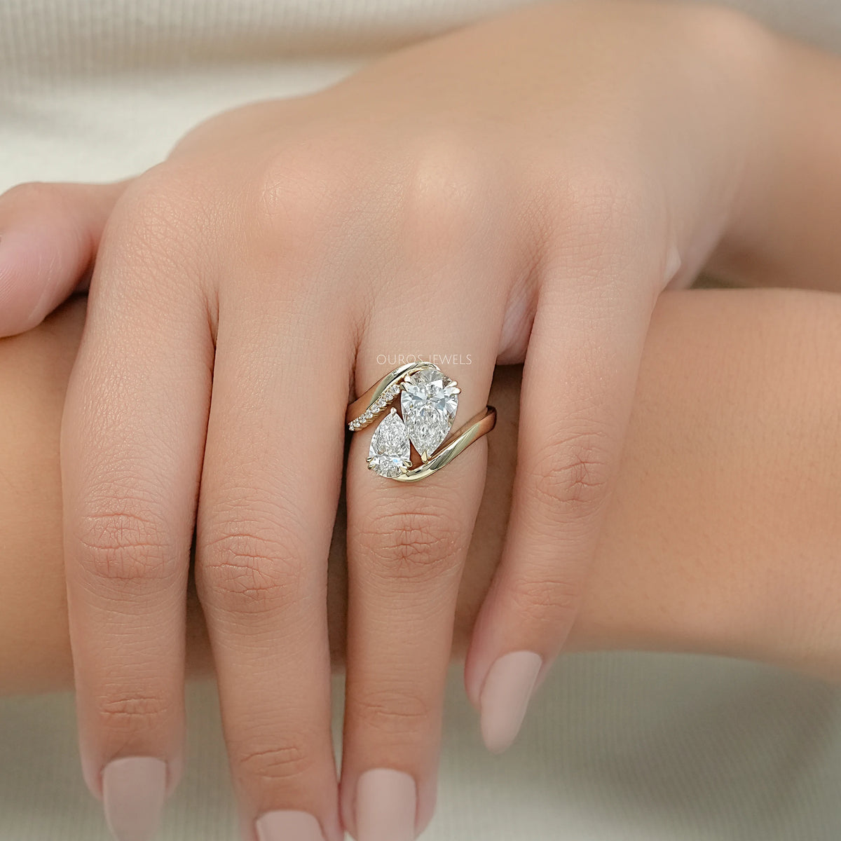 Dual Pear Lab Diamond Bypass Engagement Ring Ring