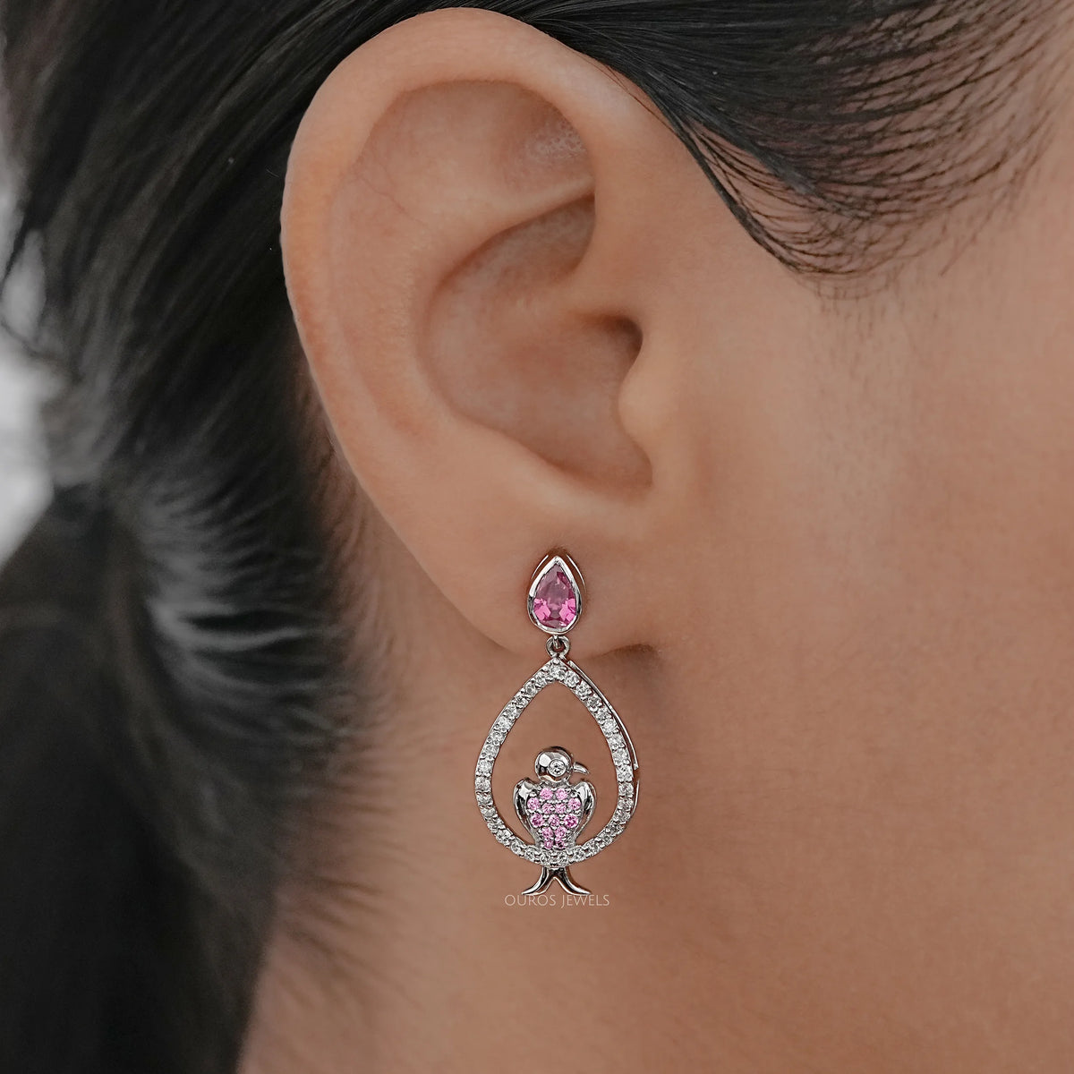 Bezel Set Pink Pear Cut Gemstone Dangle Bird Earrings Earrings