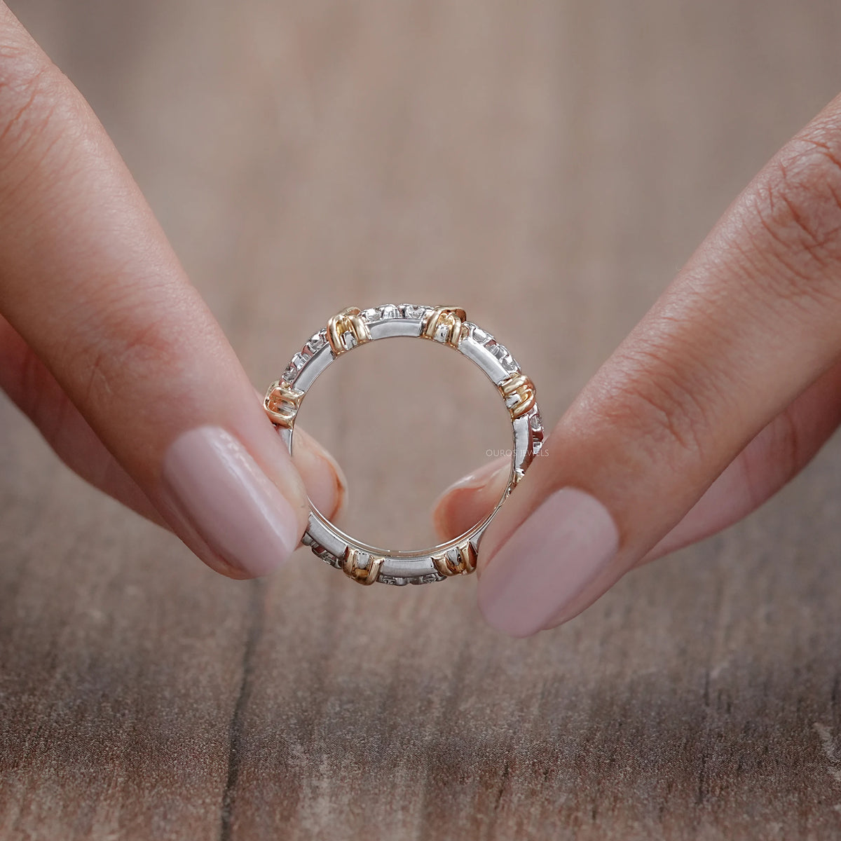 Two Tone Round Diamond Crossover Eternity Wedding Band Rings