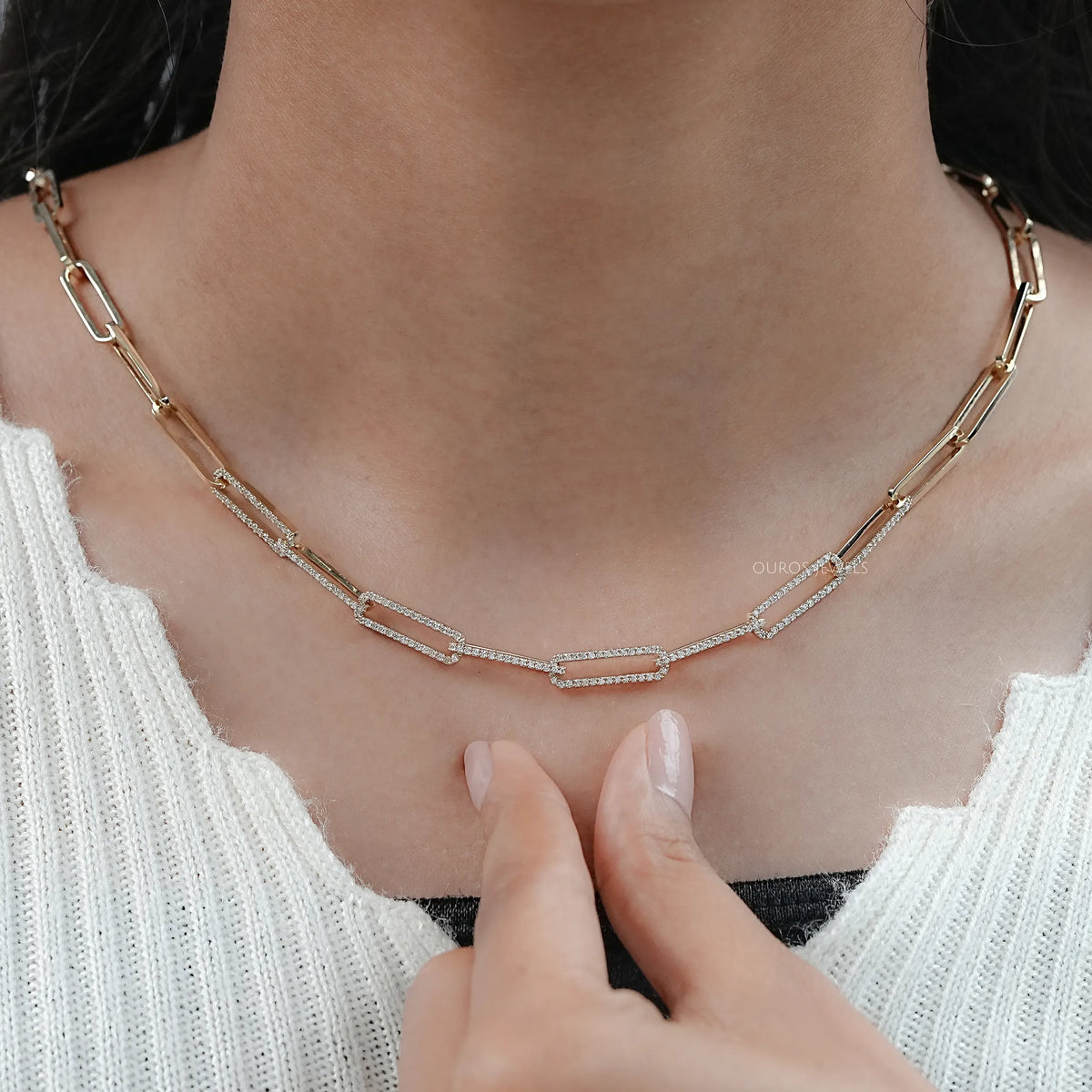 Round Lab Diamond Paperclip Link Necklace Necklaces