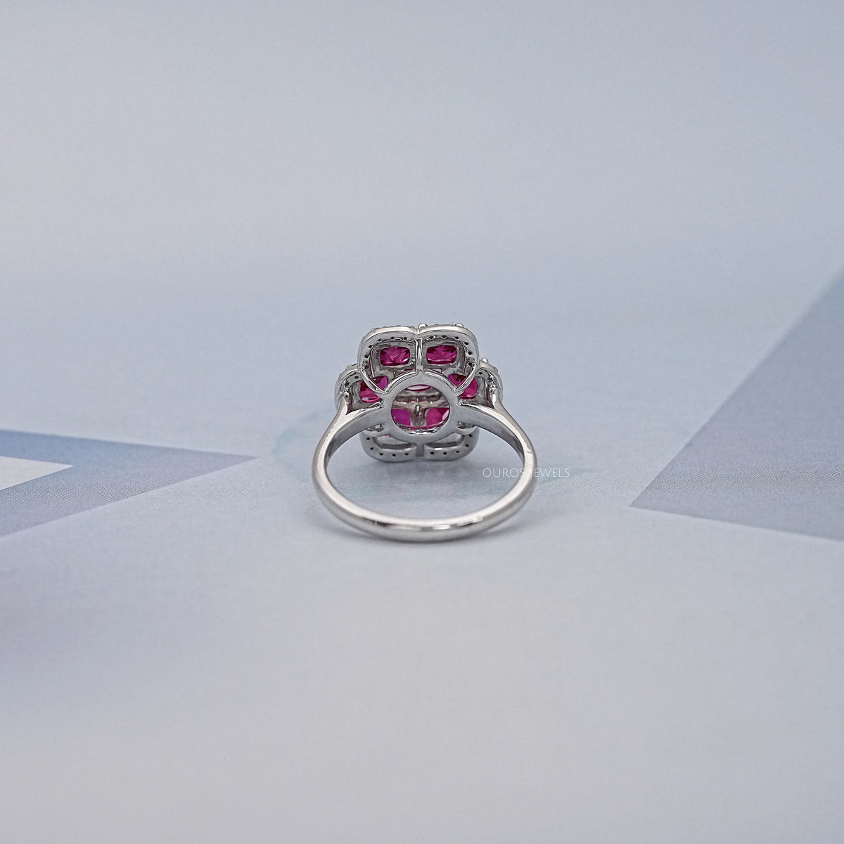 Red Ruby Cushion Shape Floral Halo Engagement Ring Ring