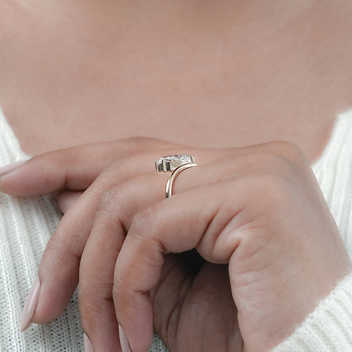 Step Cut Pear Cut Curved Solitaire Engagement Ring Ring