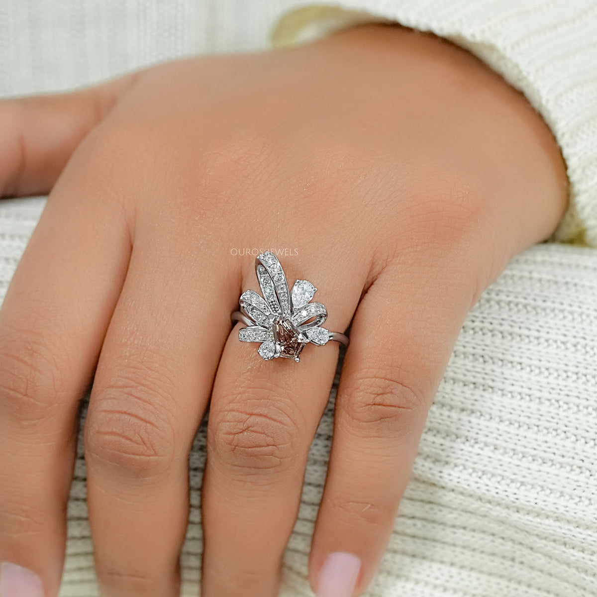 Champagne Step Cut Shield Diamond Floral Cocktail Ring Ring