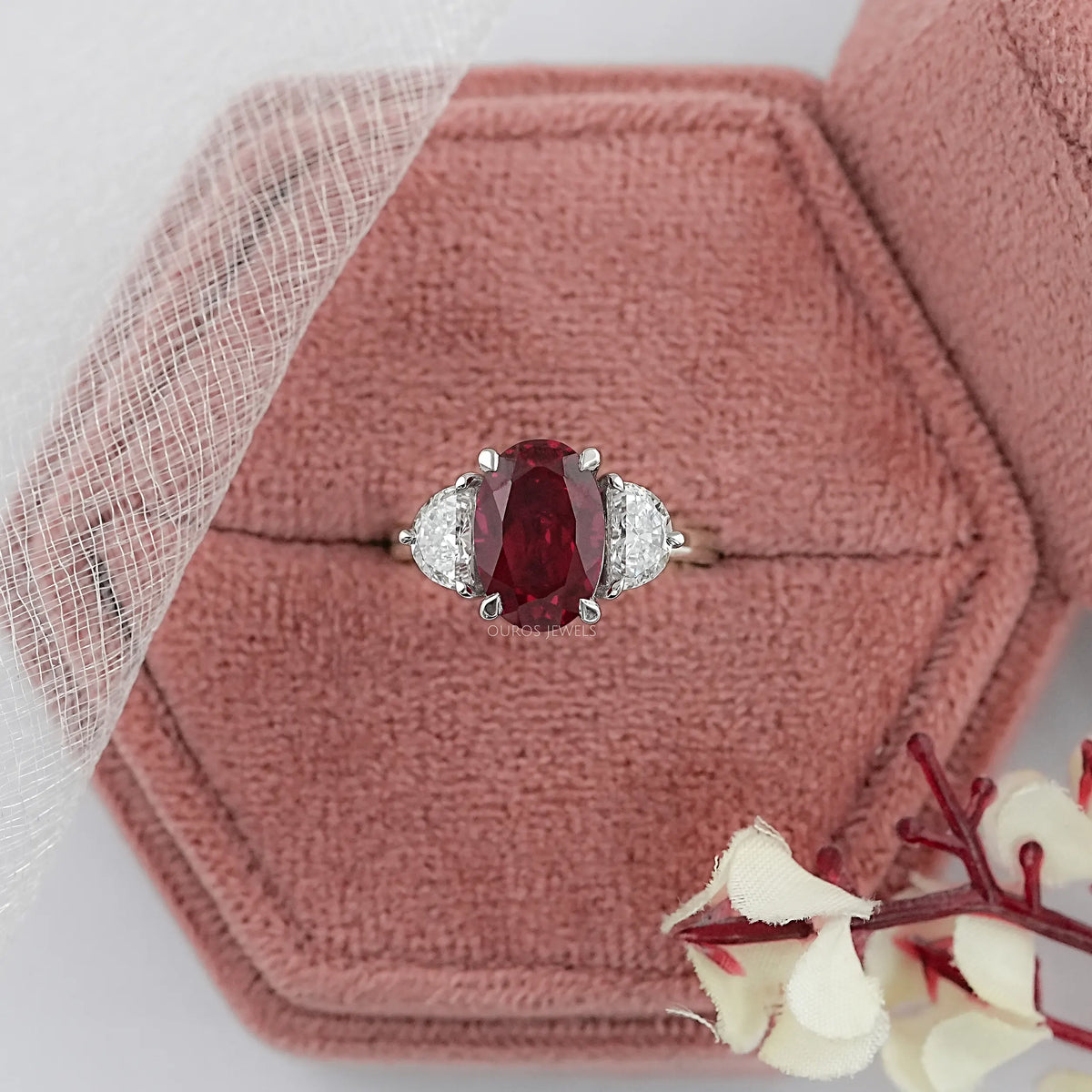 Ruby Oval Gemstone Three Stone Engagement Ring Rings