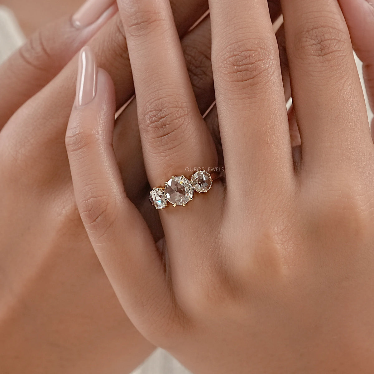 Three Stone Rose Cut Round Engagement Ring Ring