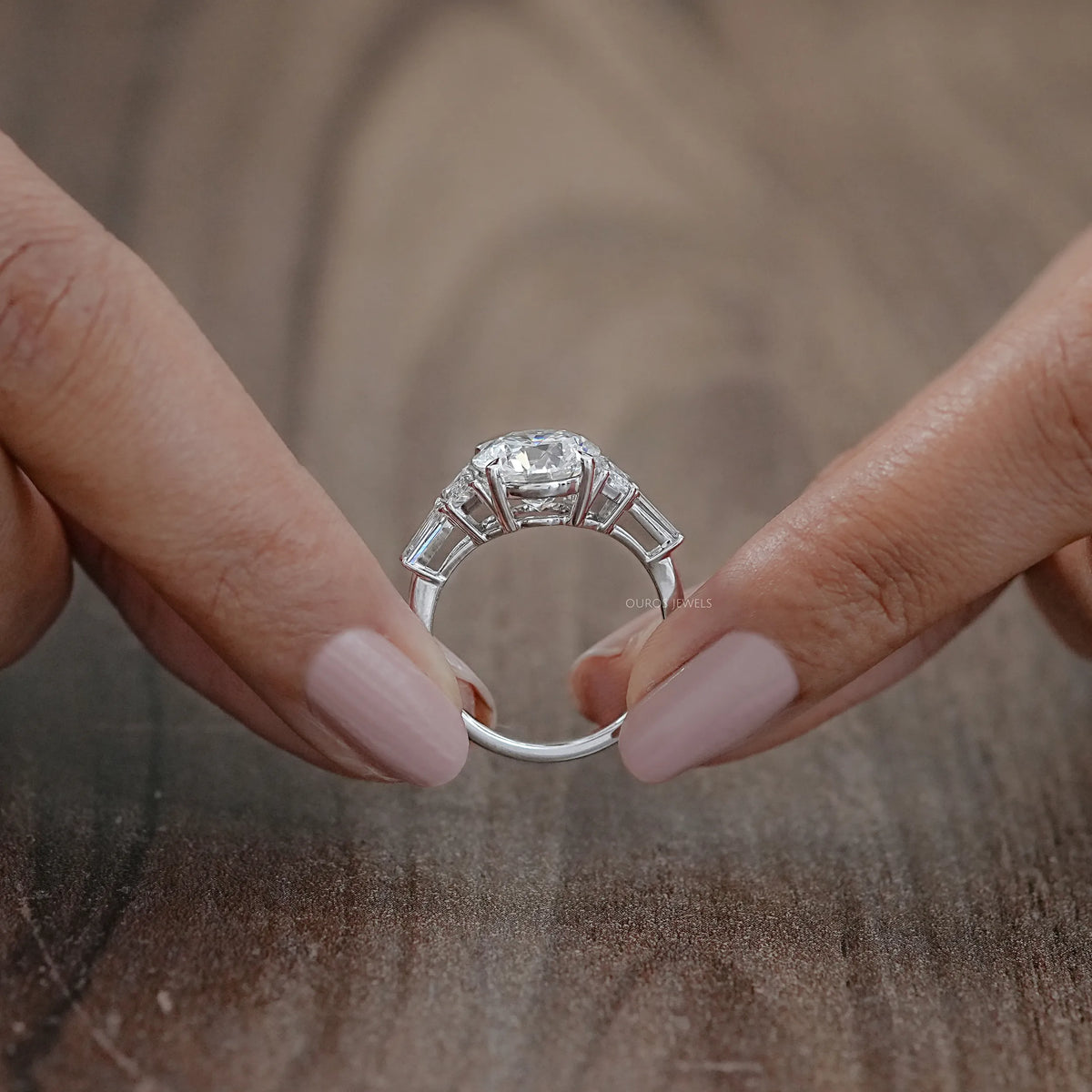 Round And Trapezoid Lab Diamond Five Stone Engagement Ring Rings