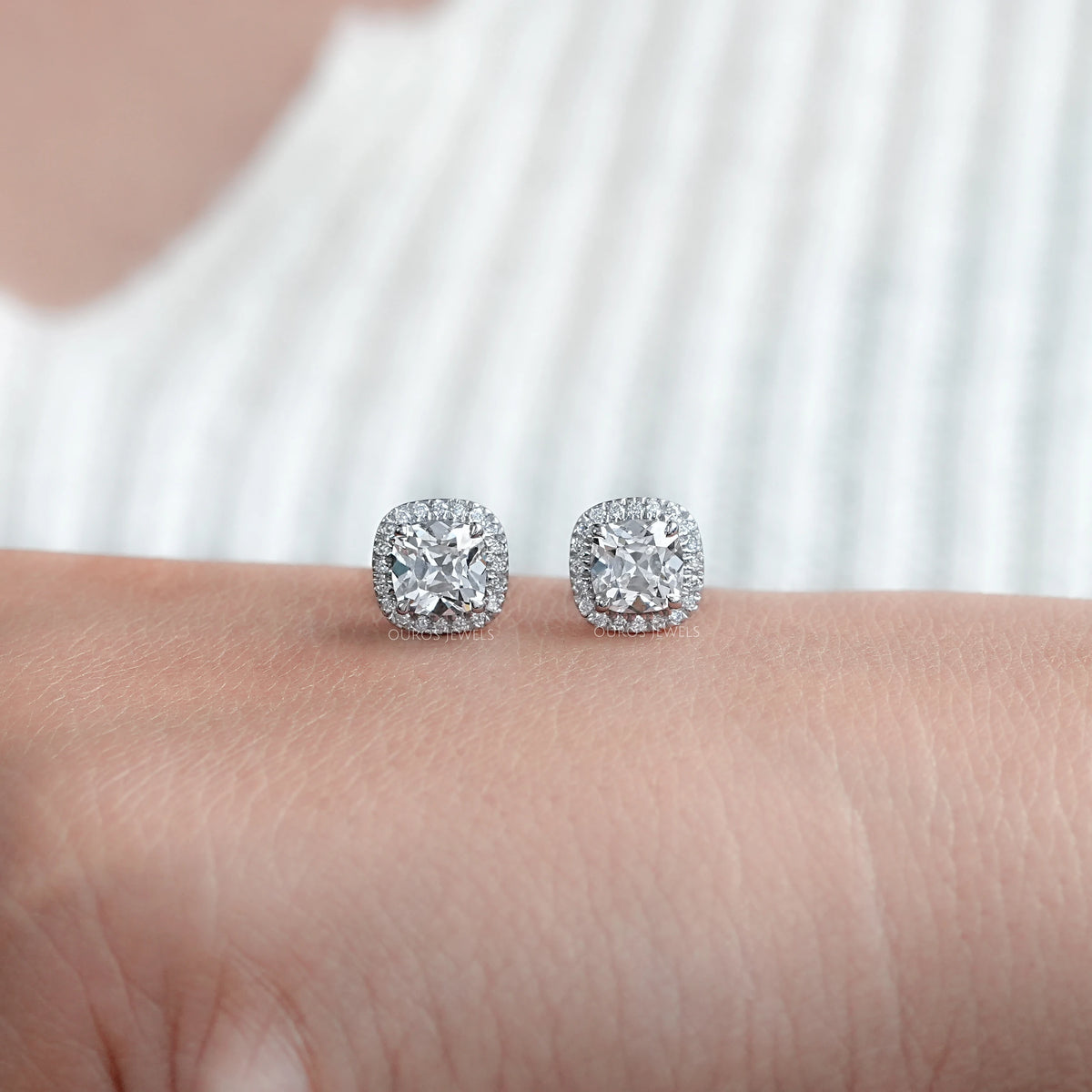 Square Old Mine Cushion Diamond Halo Stud Earrings Earring