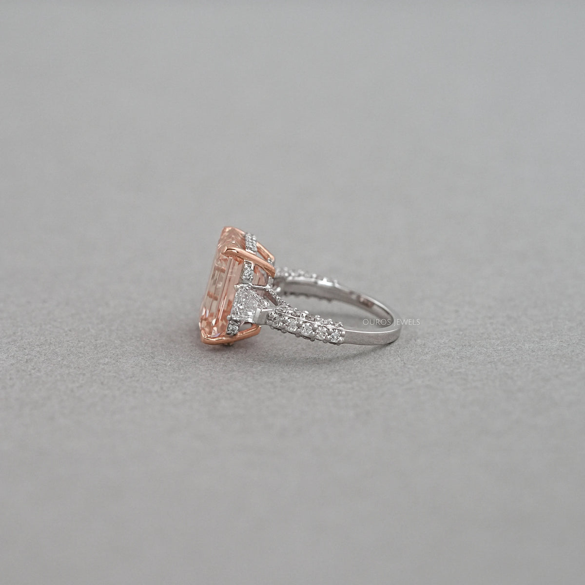 Pink Emerald Lab Diamond Three Stone Hidden Halo Ring Rings