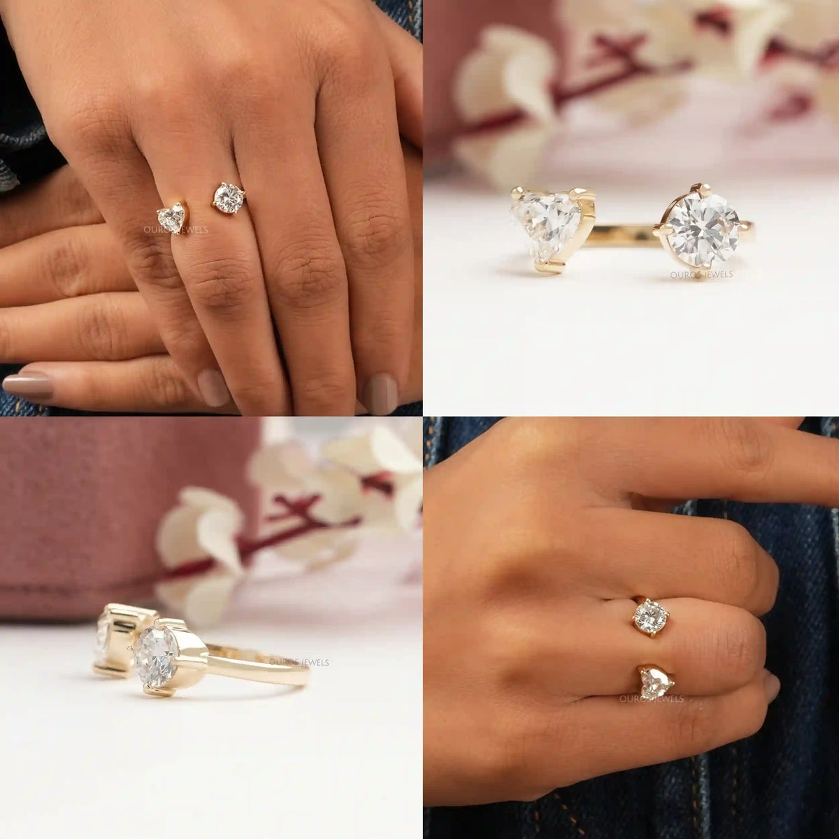Heart And Round Cut Lab Grown Diamond Open Cuff Ring