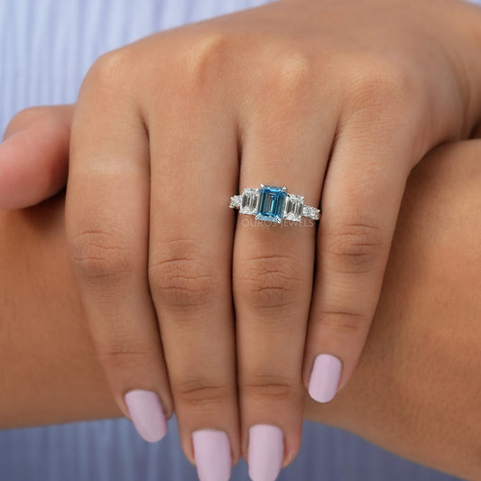 Blue Emerald Cut Lab Diamond Engagement Ring